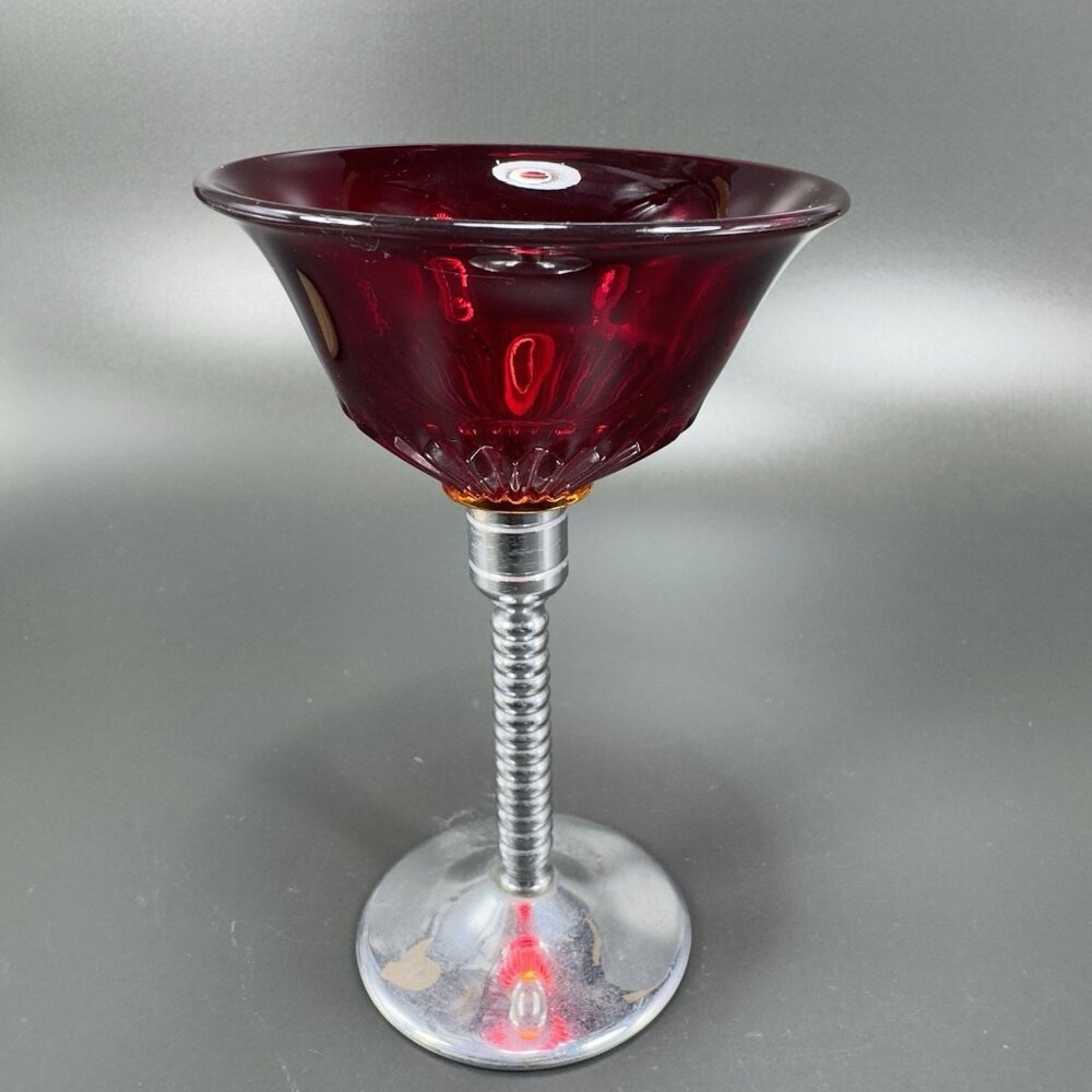 Art Deco Ruby Red Cadmium UV Glow Cocktail Glass Single Cup Chrome Stem Vintage